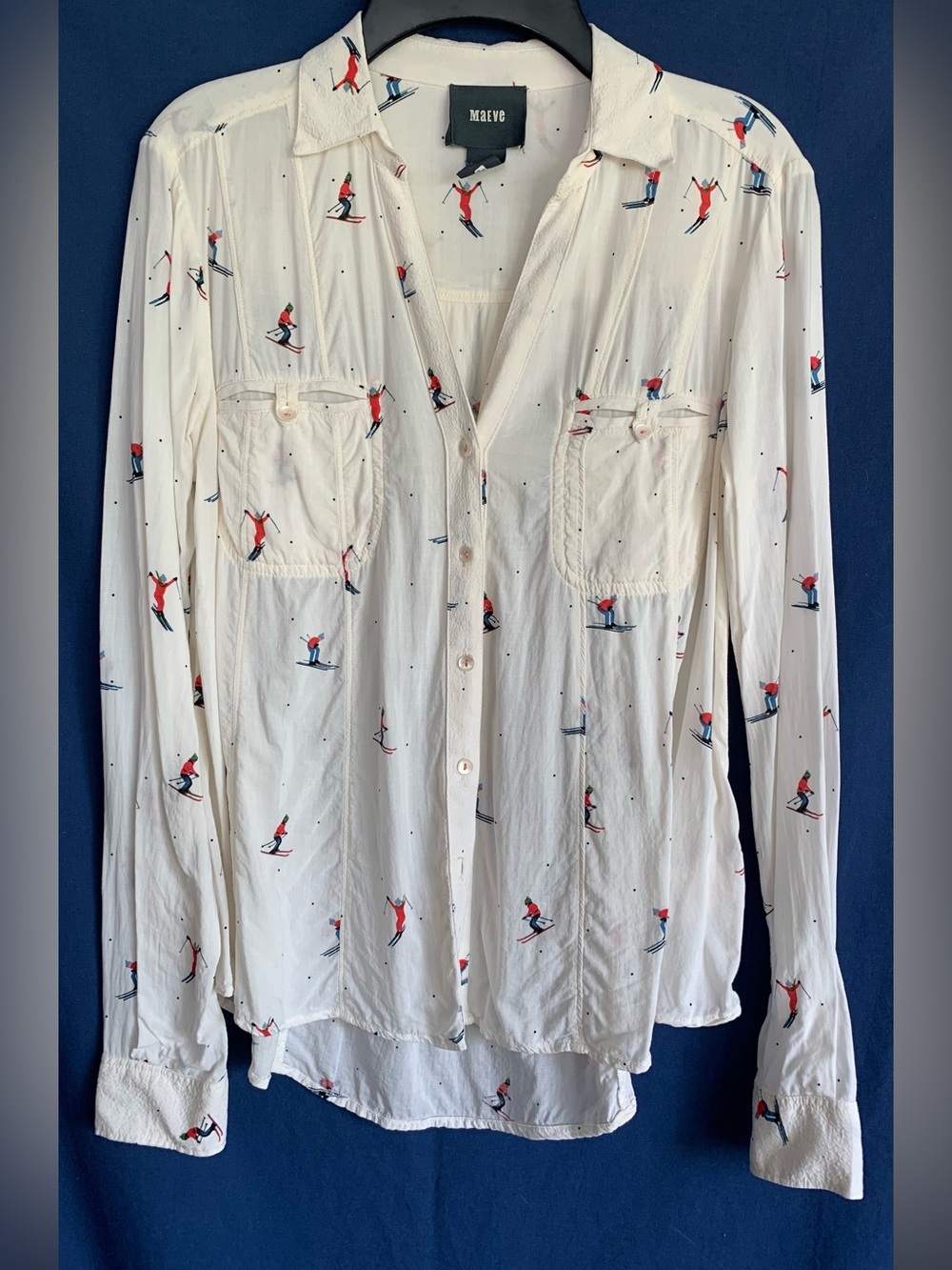 Maeve Anthropologie White Button-Up Shirt with Red & Navy Ski Print